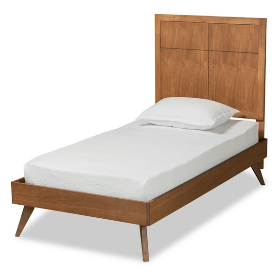Twin Size Platform Bed - Modern Wood Bed Frame with Headboard - Walnut Brown Finish - Easy Assembly