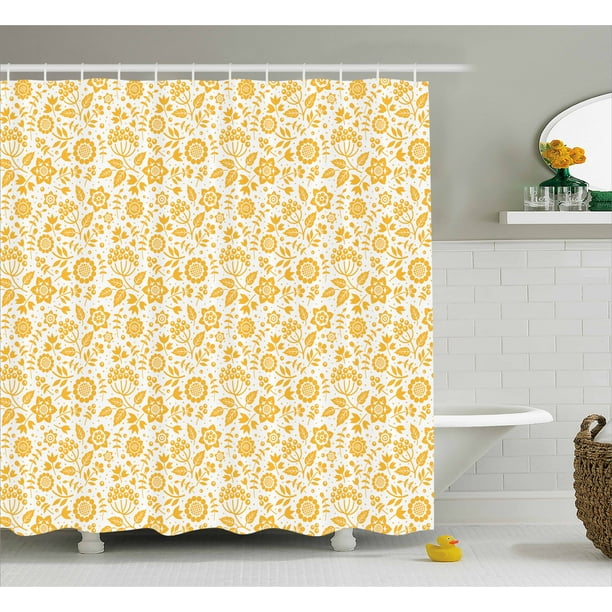 Yellow Flower Shower Curtain, Rustic Composition with Berries Twigs