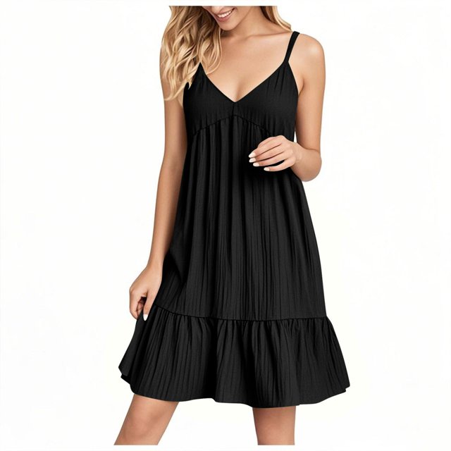 Robe Mini à Bretelles Spaghetti Col en V d'Été pour Femmes, Robe Tunique à Manches Courtes Décontractée, Volants à Étages, Plage, Ligne A, Courte, Robes d'Été