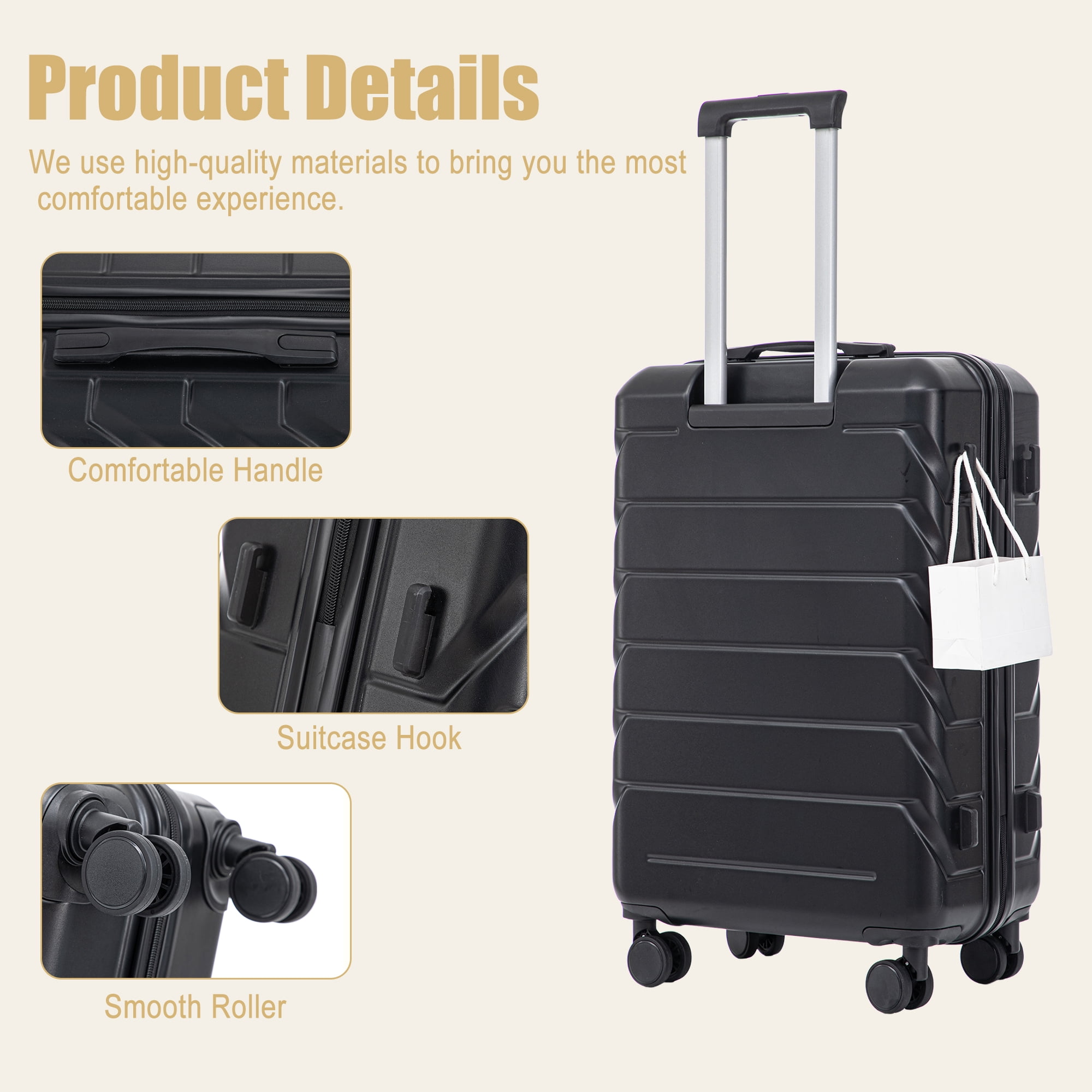 Alvantor 28inch Luggage, ABS Checked Suitcase with 4 Spinner Wheels and Side Hooks, Black