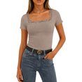 thumbnail image 2 of Womens Short Sleeve Ribbed Tops Square Neck Lace Trim Fitted Tight Shirts Casual Basic Tee Spring Clothes 2026 Trendy Champagne 2XL, 2 of 5