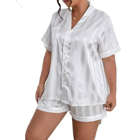 

Elegant V neck Short Sets Short Sleeve White Plus Size Pajama Sets (Women s)