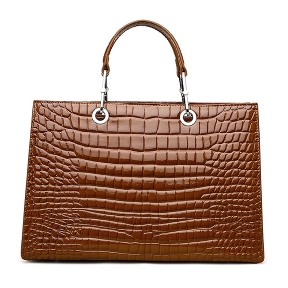 Genuine Cowhide Women Tote Bag, Glossy Crocodile Embossed Metal-Ring Top-Handle Crossbody Purse