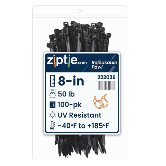 ZipTie.com Attache de Câble à Crampons Détachable Noir Résistant aux UV de 8 Pouces, Résistance à la Traction de 50 Lb, UL 21 Listed, Lot de 100