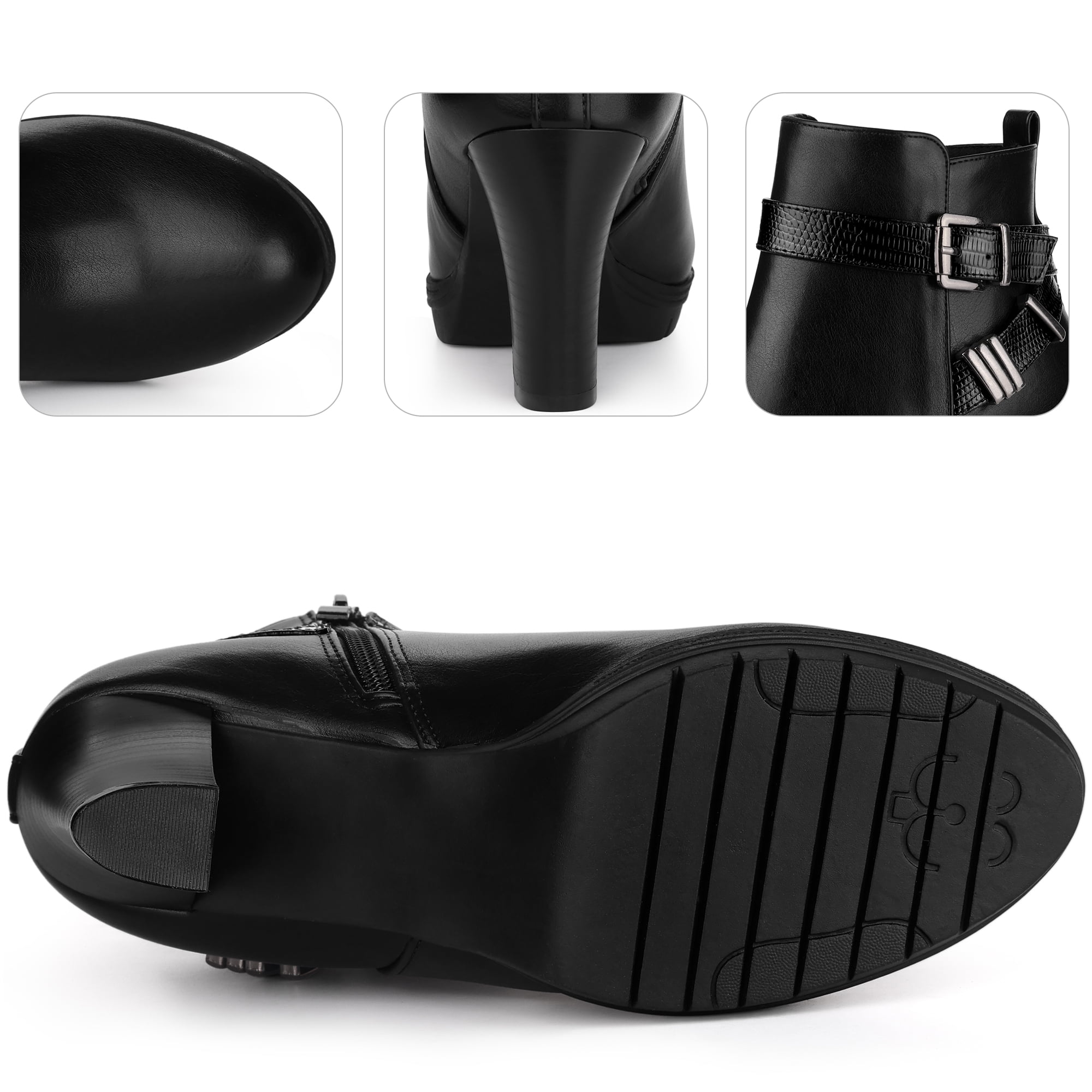 Unique Bargains Platform Block Heel Boots Buckle Ankle Boots for Women Black 9