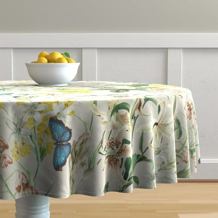 

Cotton Sateen Tablecloth 70 Round - Floral Cottage Wildflowers Vines Butterflies Fairy Print Custom Table Linens by Spoonflower