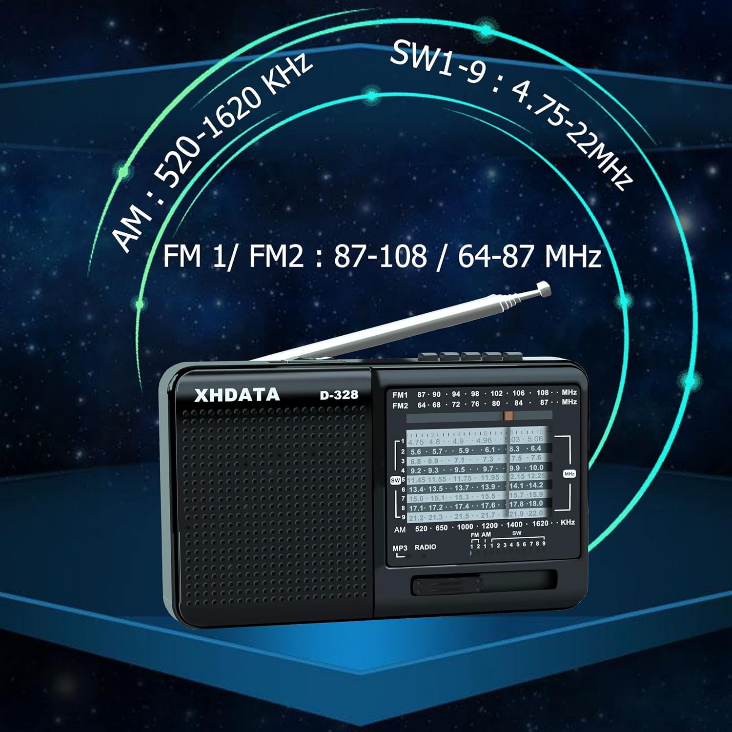 XHDATA D368 Portable Shortwave AM/FM (MW)/SW 12-Band DSP Stereo Radio, MP3 Player, Wireless Bluetooth Speaker with Rechargeable Battery, Multimedia Speaker, Supports Micro SD Card and USB Flash Drive