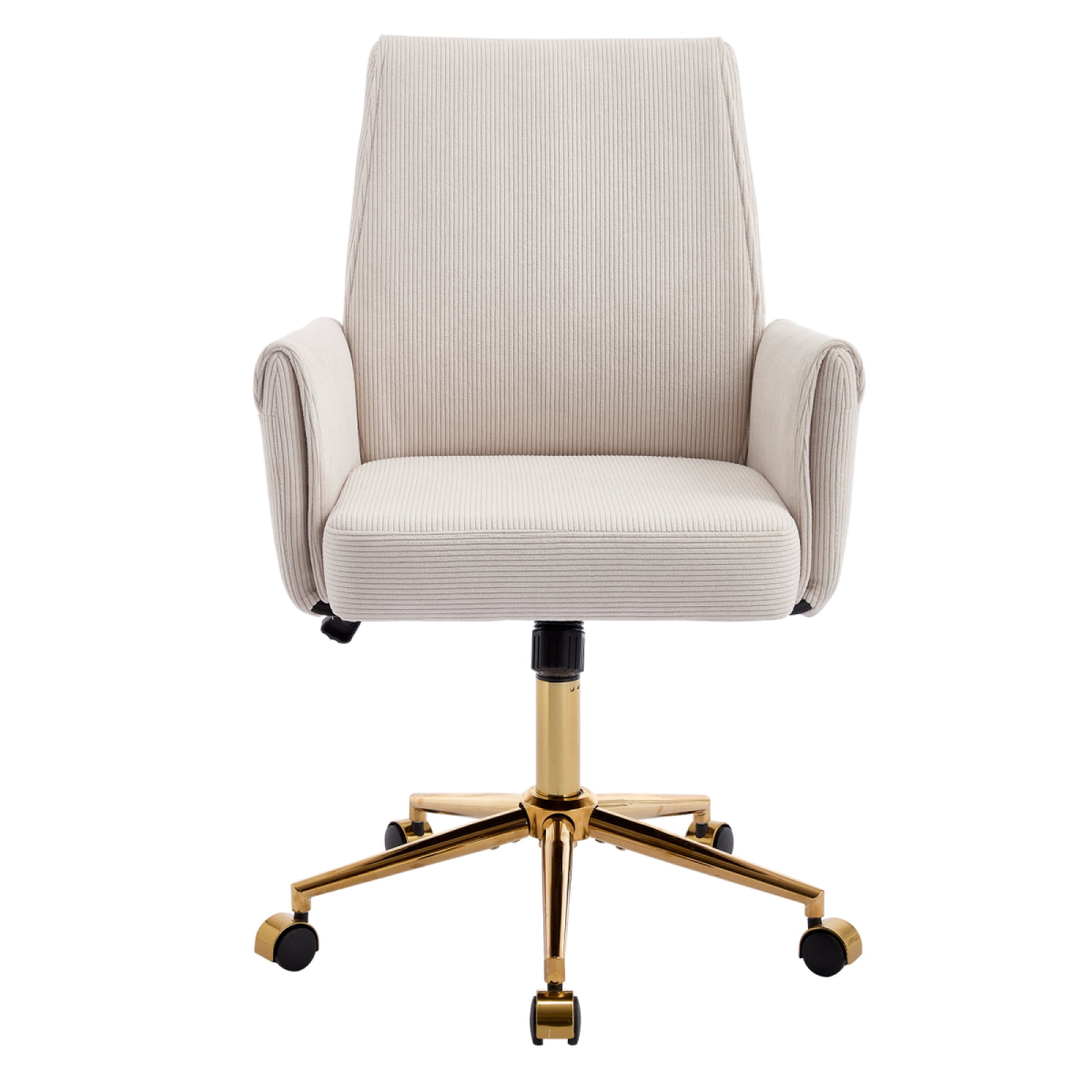 Stripes Corduroy 360° Swivel Desk Chair, Gold Base Adjustable Height Home Office Armchair with Wheels, Ergonomic Mid-Back Comfy Computer Chair for Home Study Living Room Bedroom, White