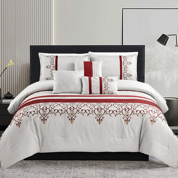 Haok 7 Piece Comforter Set Bed In A Bag Embroidery Design Queen Burgundygrey