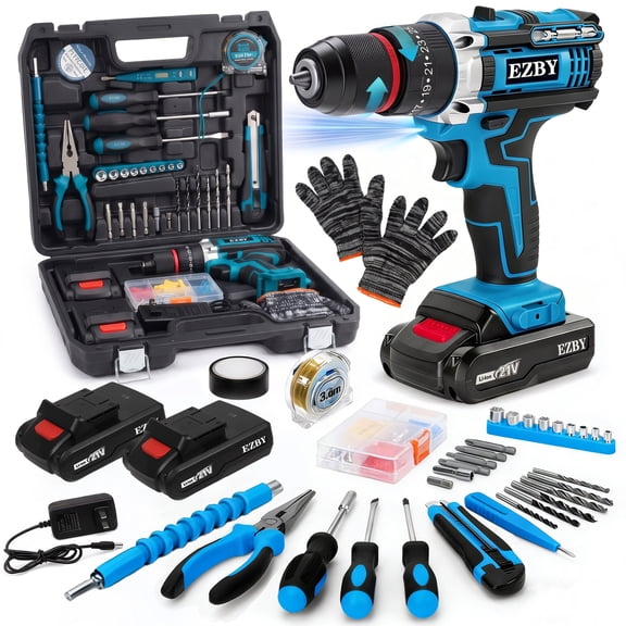 EZBY 21V Cordless Drill Set,Electric Power Drill Driver with 2 Batteries and Screw Kit,3/8" Keyless Chuck,2 Variable Speed, for Home Repair & DIY