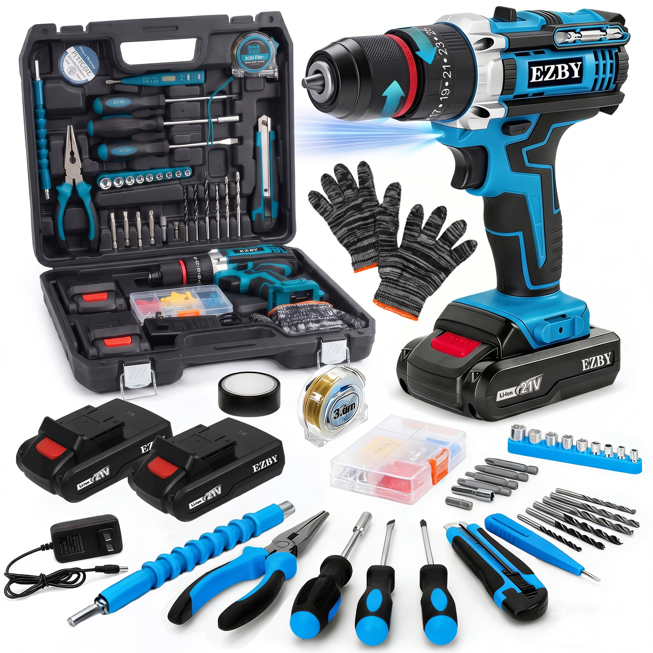 EZBY 21V Cordless Drill Set with 2 Batteries and 96 Pieces photo 1