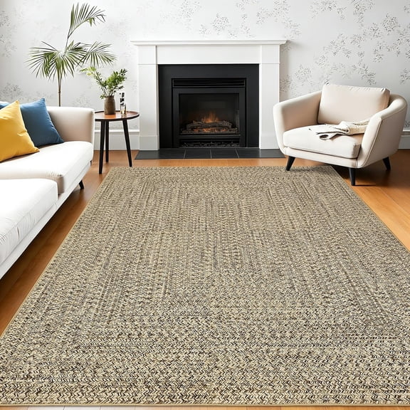 Memoryfield 5' x 7' Modern Braided Area Rug, Washable Floor Cover, Non-Slip Stain-Resistant Soft Rug for Living Room Bedroom Office, Linen