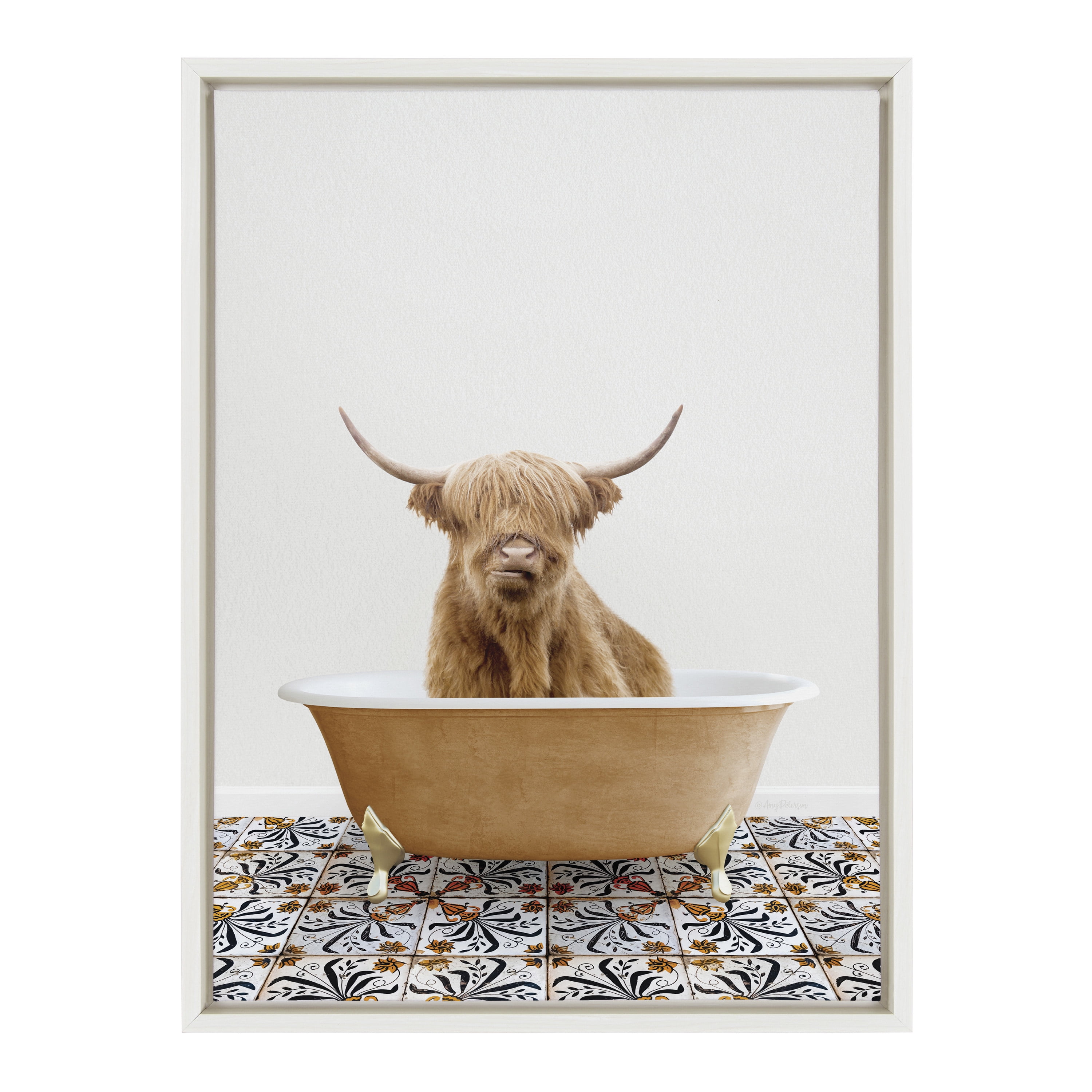 Kate and Laurel Sylvie Highland Cow In Mediterranean Bath Framed Canvas Wall Art by Amy Peterson Art Studio, 18x24 White, Whimsical Animal Art for Wall