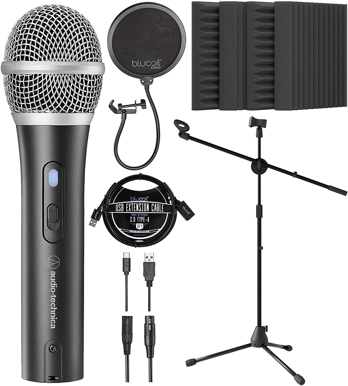 Boom Arm Plus Pop Filter USB-A Mini Hub Audio-Technica ATR2100X-USB Cardioid Dynamic Microphone for Windows and Mac Bundle with Blucoil 1080p USB Webcam and 3-FT USB 2.0 Type-A Extension Cable 