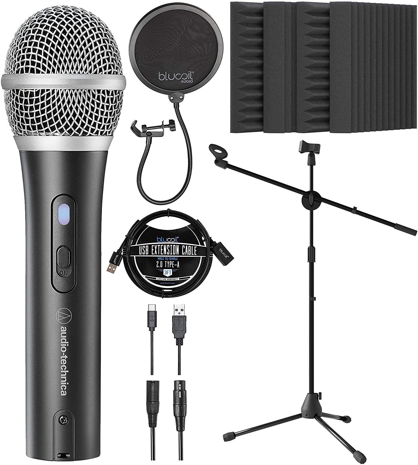 Audio-Technica ATR2100x-USB Microphone with Blucoil 3' USB Cable