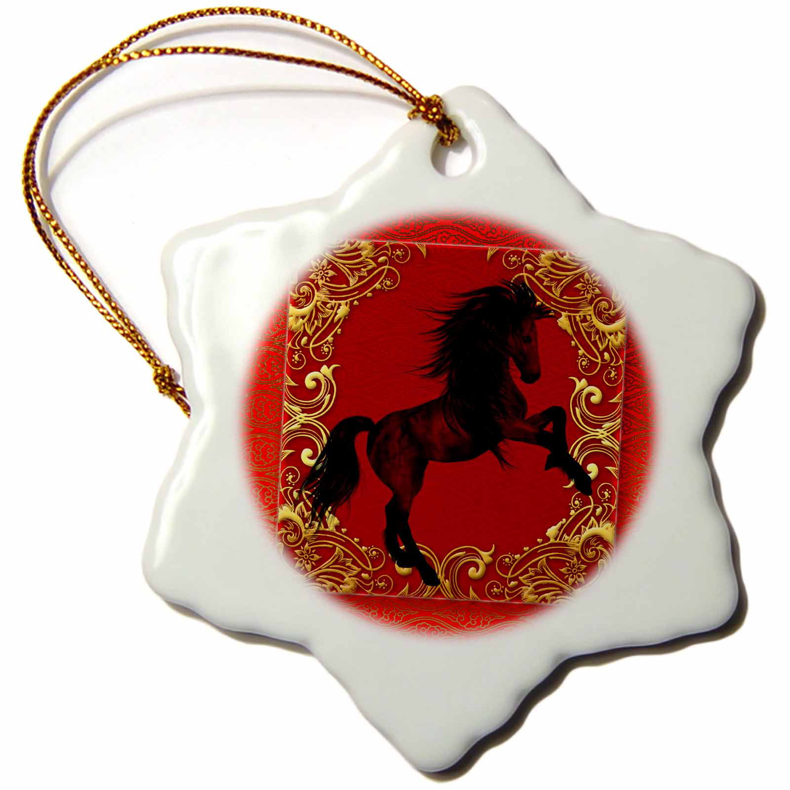 3-Inch Porcelain Gold and Black-Snowflake Ornament 3dRose ORN_101846_1 Chinese Zodiac Year of The Horse Chinese New Year Red