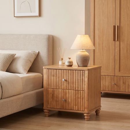 iooHug medieval-modern style wooden bedside table with grooves and three drawers suitable for bedrooms living rooms and cloakrooms.(Natural)
