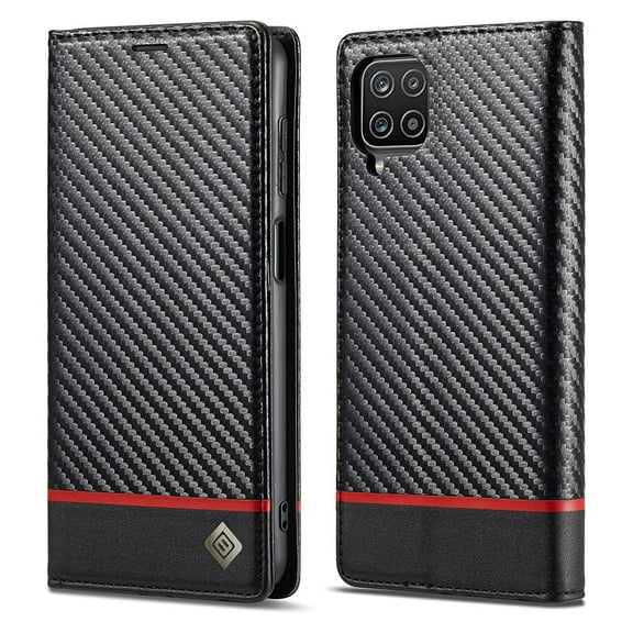 Dteck Wallet Case for Samsung Galaxy A12 5G,Carbon Fiber Premium PU Leather Flip Case with Card Holder Magnetic Closure Protective Cover, Horizontal Red Line