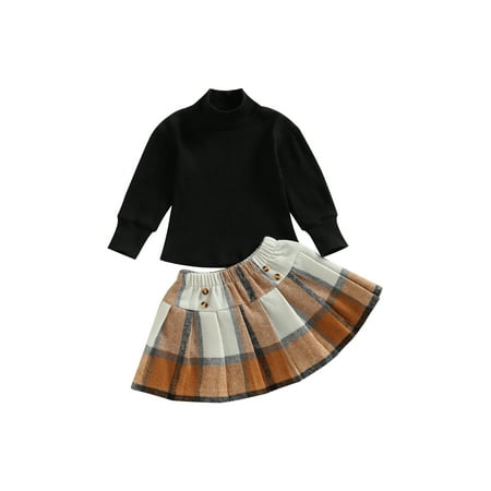 

Bagilaanoe2pcs Toddler Baby Girls Skirt Set Letters Long Sleeve Turtleneck Tops + Plaid Skirt 1T 2T 3T 4T 5T 6T Kids Casual Fall Outfits