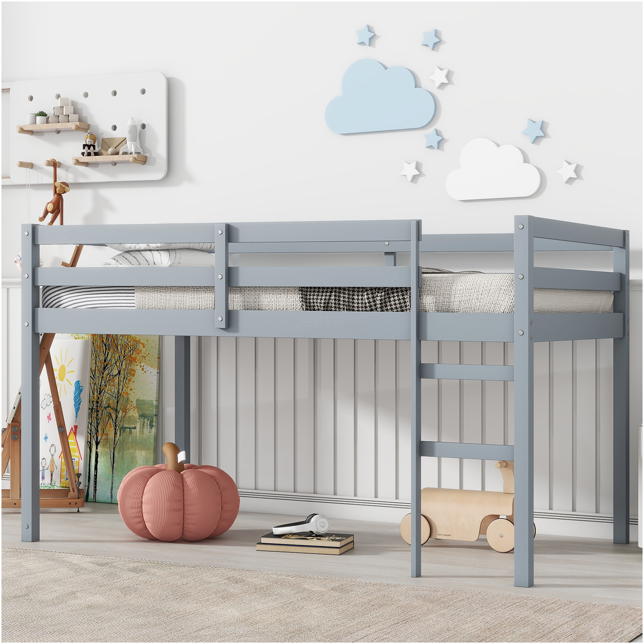 JERFIT Twin Wood Loft Bed with Ladder, Grey
