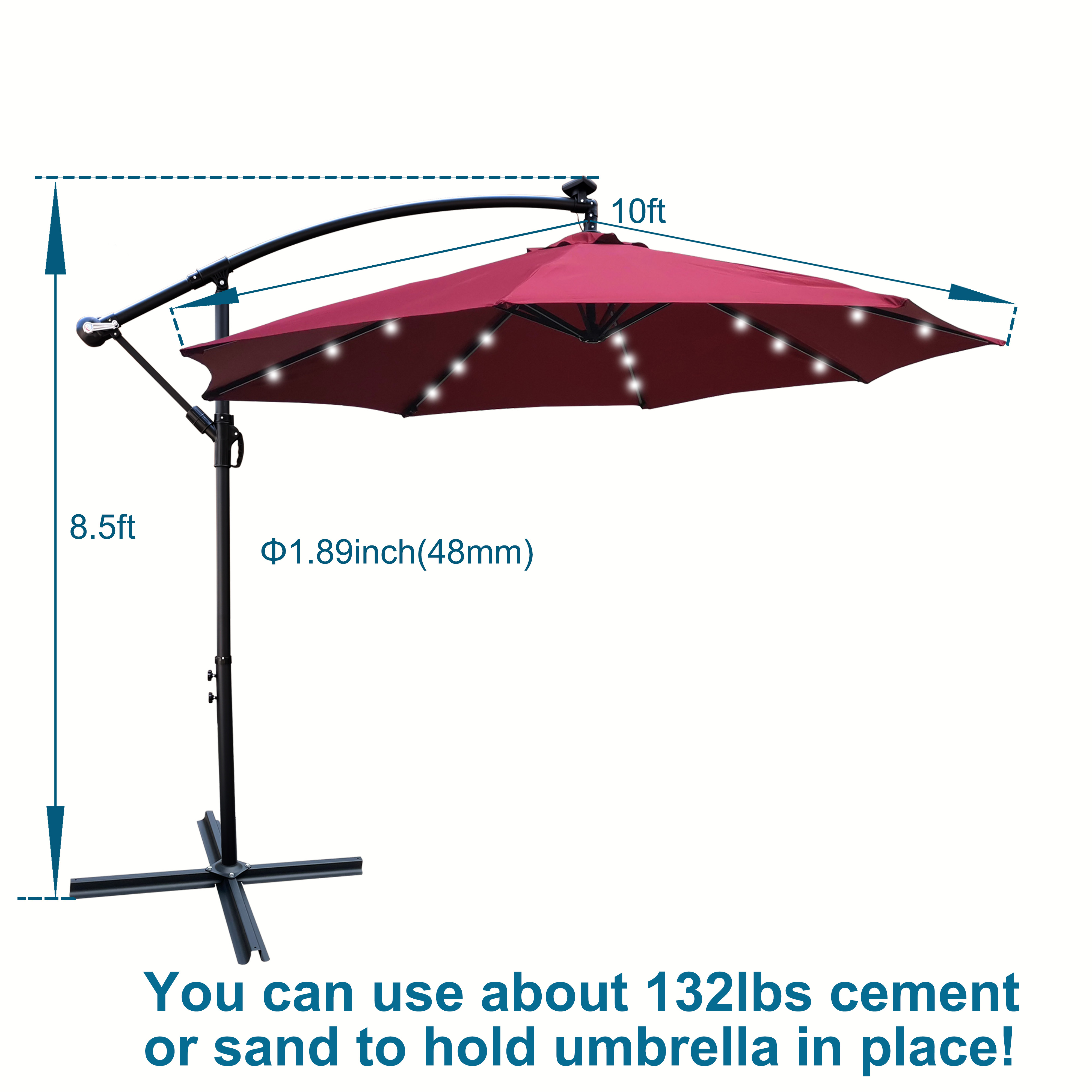 10 FT Round Outdoor Patio Umbrella, Solar LED Lighted Waterproof Sun Shade Umbrella with Stable Base, Burgundy