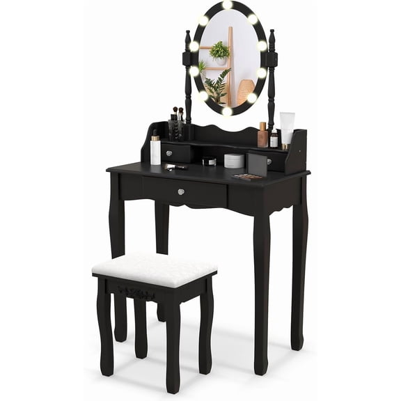GOFLAME Vanity Table Set with Rotatable Mirror, Makeup Vanity Desk with 3-Color Dimmable LED Lights, 3 Drawers and Cushioned Stool, Dressing Table Set for Bedroom Studio (Black)