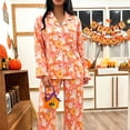 thumbnail image 2 of MEZZALL Women Halloween Autumn Button Front Long Sleeve Lapel Top With Chest Pocket Elastic Waist Full Length Pants Pajama Set Casual Home Wear Pajamas Holiday 2 Piece Pjs, 2 of 6