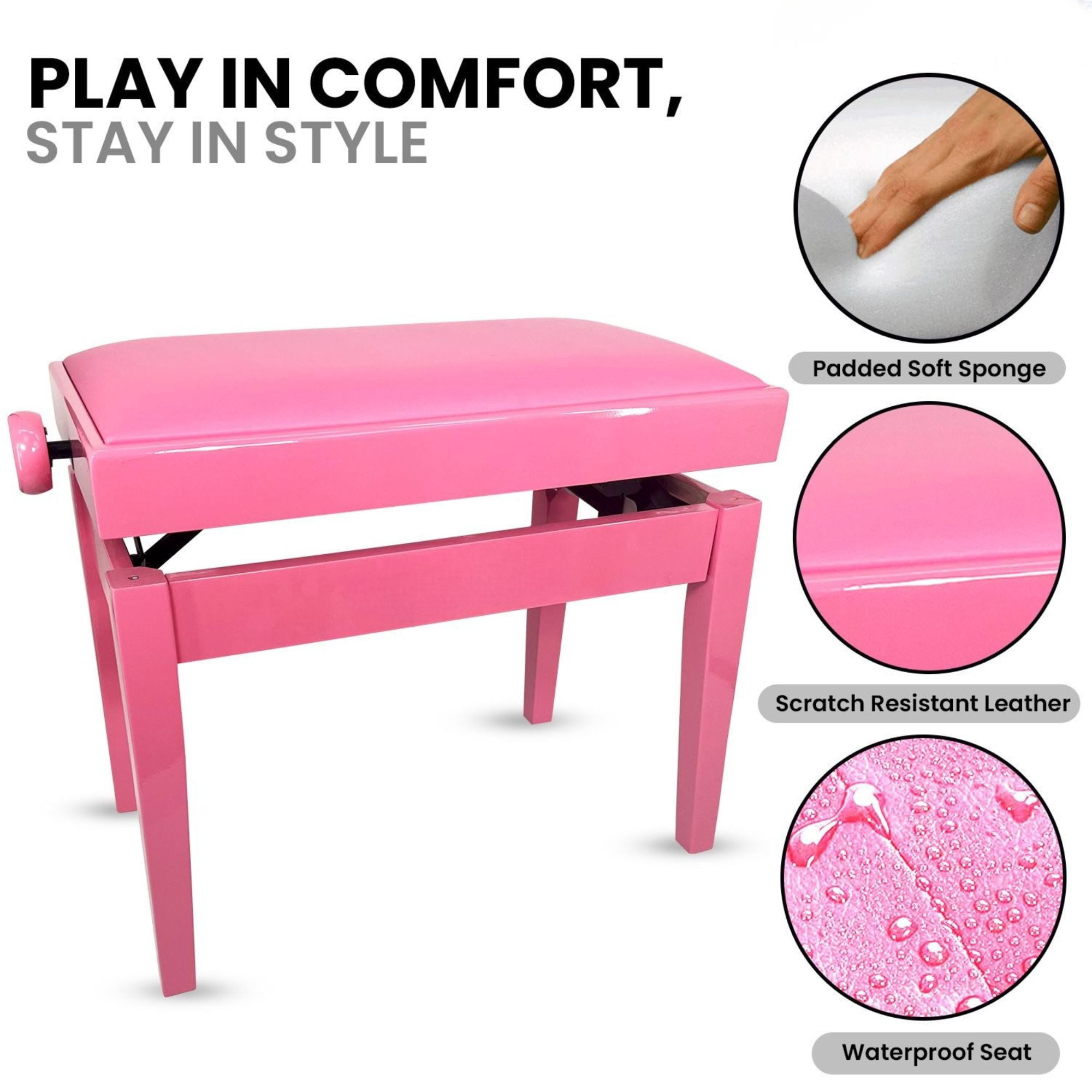 Adjustable Piano Bench - Padded Solid Wood Keyboard Stool (18"-22") - Pink