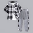 thumbnail image 7 of Godom Toddler Boy Clothes Spring Summer 2 Piece Outfit Boys 5T Clothes Short Sleeve Plaid Color Collision Hooded Pants Sets,Grey, 7 of 7
