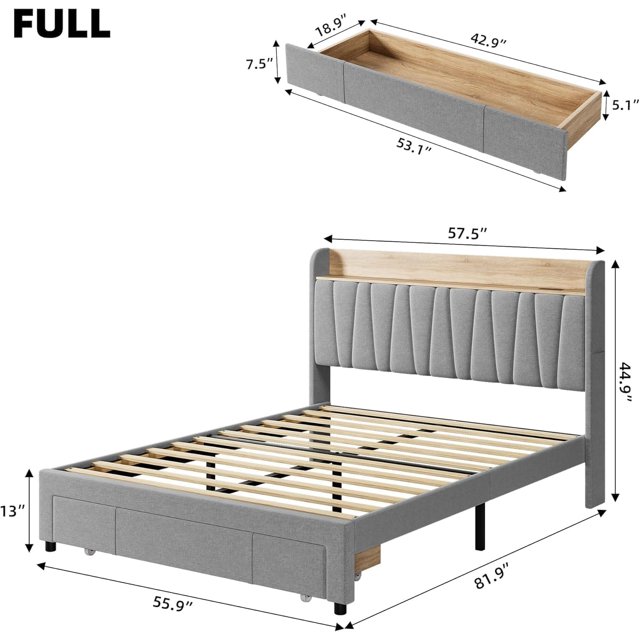 EDTara Bed Frame with Storage Headboard, Upholstered Platform Beds with Drawers, Charging Station, Noise-Free, No Box Spring Needed, Easy Assembly