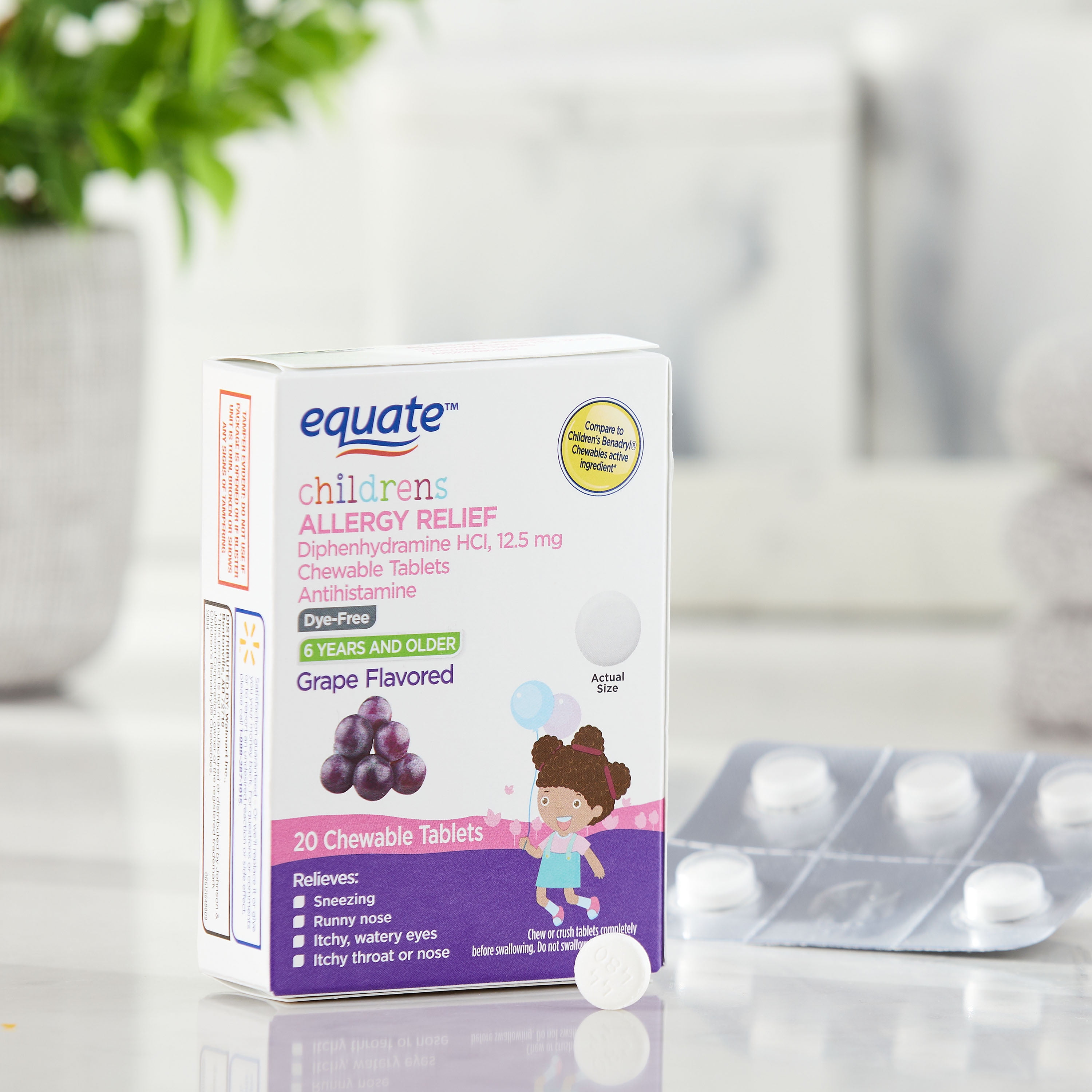 Equate Children's Allergy Relief Diphenhydramine HCl Antihistamine Chewable Tablets, Grape Flavor, 12.5 mg, 20 Count