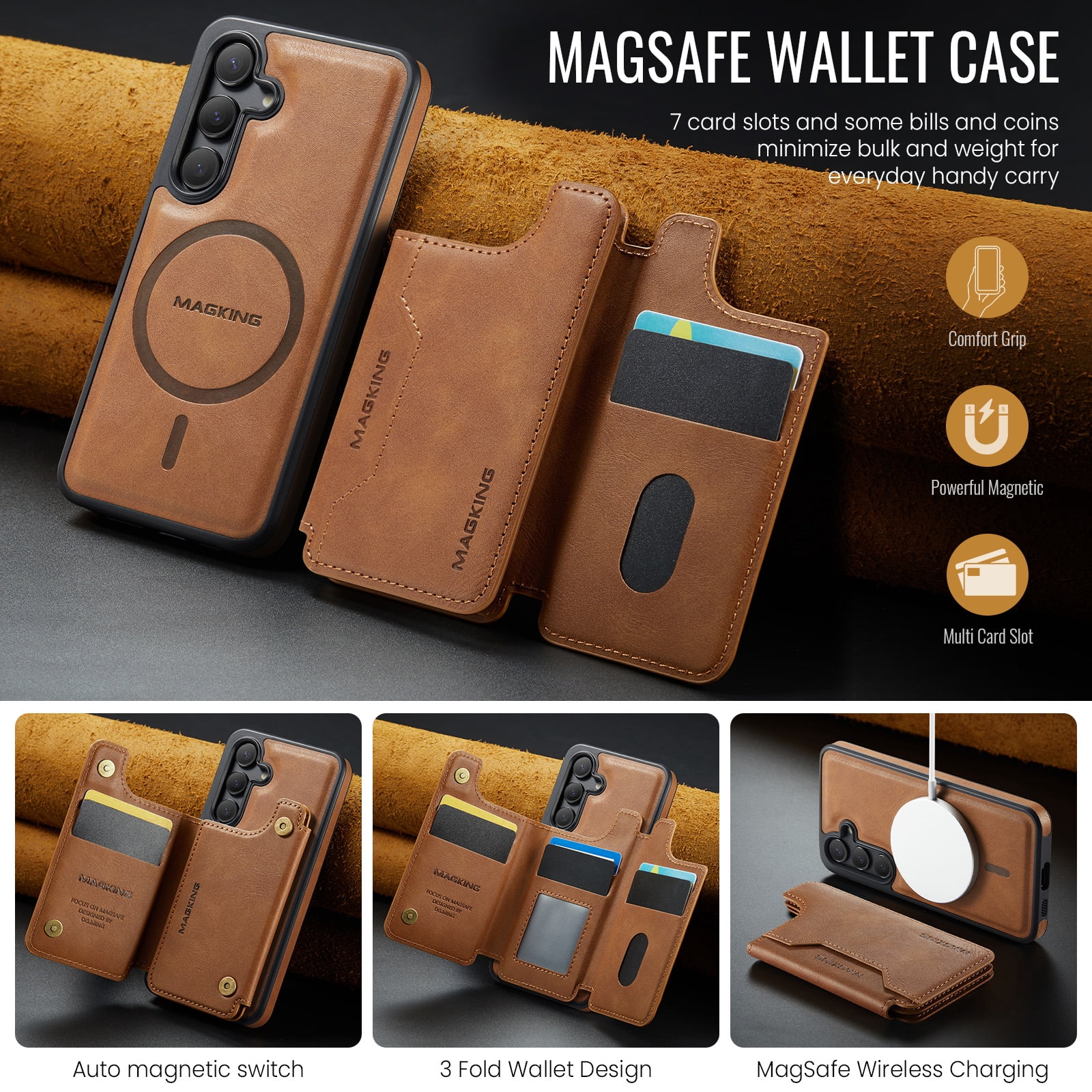 Designed for Samsung Galaxy S25 Wallet Phone Case,Magnetic Detachable Flip Card Holder,Back Flip Kickstand,Compatible with Mag-Safe,2-in-1 PU Leather Heavy Duty Shockproof Phone Case,Brown
