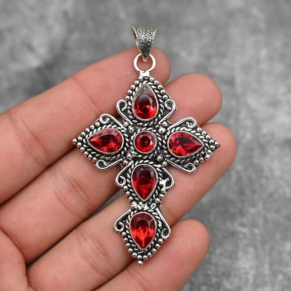 Garnet Pendant 925 Sterling Silver Polished Pendant Garnet Gemstone Pendant Cross Pendant Handmade Pendant Jewelry Garnet Jewelry Christmas Ornaments