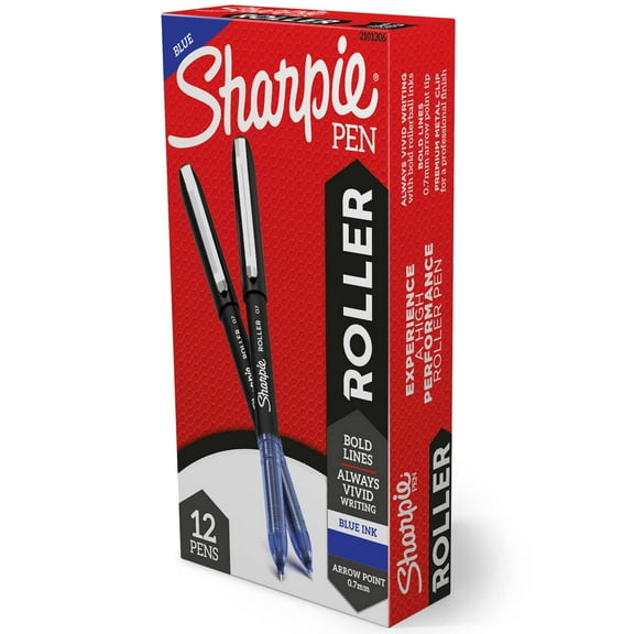 Sharpie RollerBall Pen, Arrow Point (0.7mm) Pen for Bold Lines, Blue Ink, 12 Count