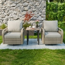 COOS BAY 3 Pieces Brown Wicker Outdoor Patio Bistro Furniture Set 360° Swivel Rocking Chairs with Gray Cushions and Wood Grain Top Side Table