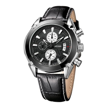 Megir Branded New Fashion Man Watch Genuine Leather Band 3 Small Dials Quartz Wristwatch Analog Display Date Chronograph Black/Brown Relogio Masculino