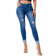 thumbnail image 2 of Women's Stretch Pull On Skinny Jeans Ripped Rolled Striped Cuff Denim Jeggings Size 2XL / Medium Blue, 2 of 5