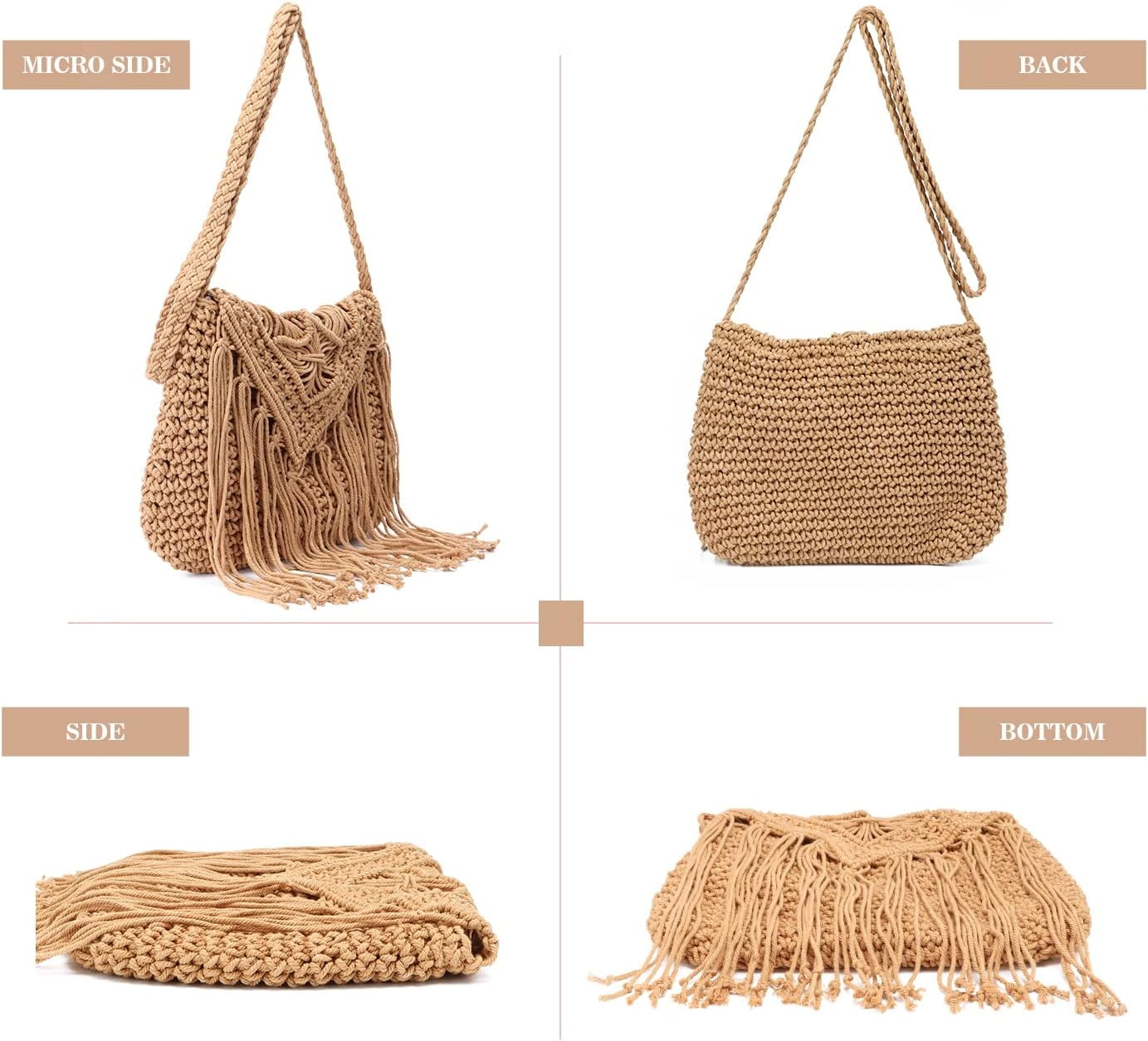 Retro Crochet Crossbody Shoulder Bag for Women Woven Fringe hobo bags Summer Beach Handmade Purse