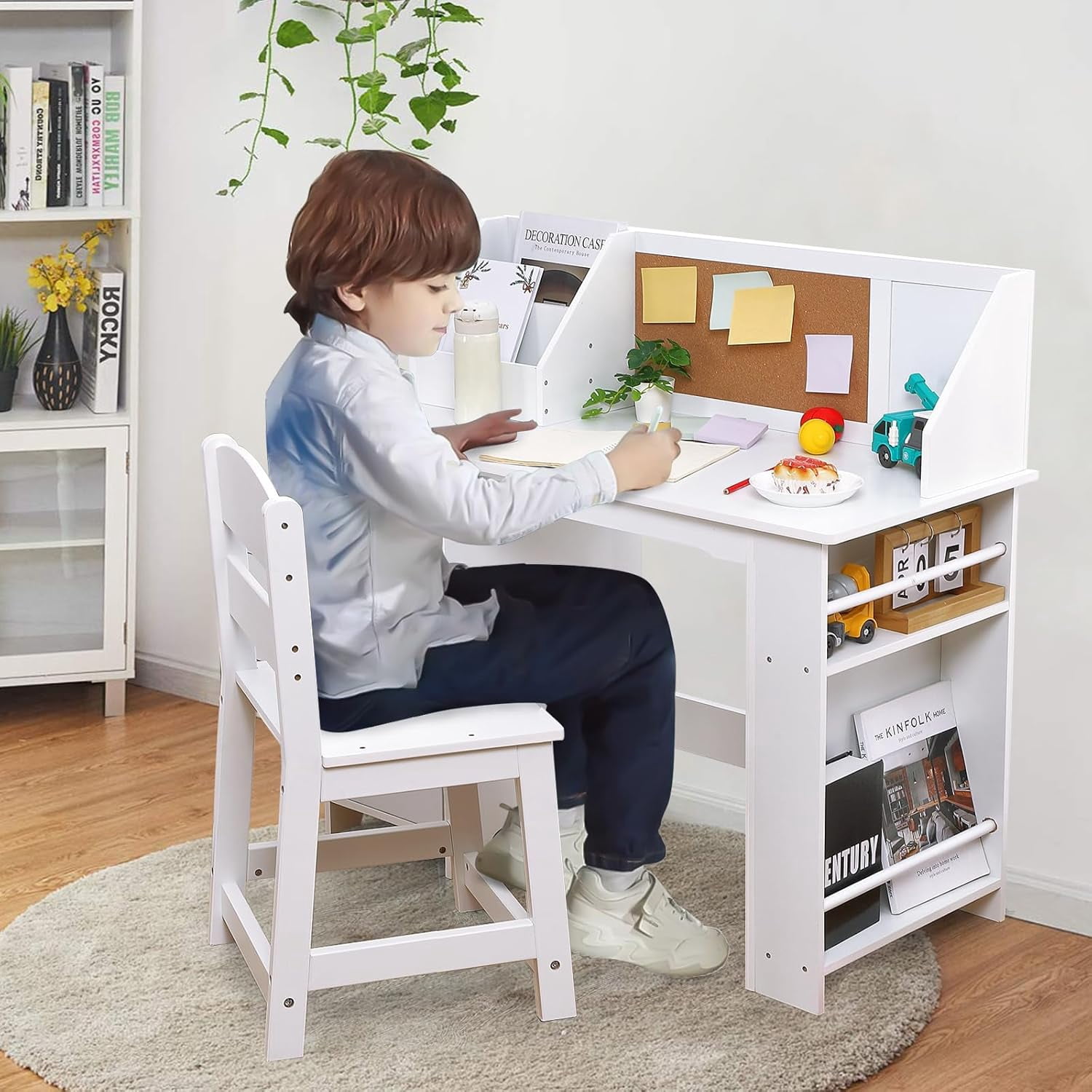 Kids Study Desk and Chair Set, Wooden School Learning Table with Storage, Hutch and Bulletin Board, Children Computer Desk with Chair, Small Toddler Desk for Home, School, White