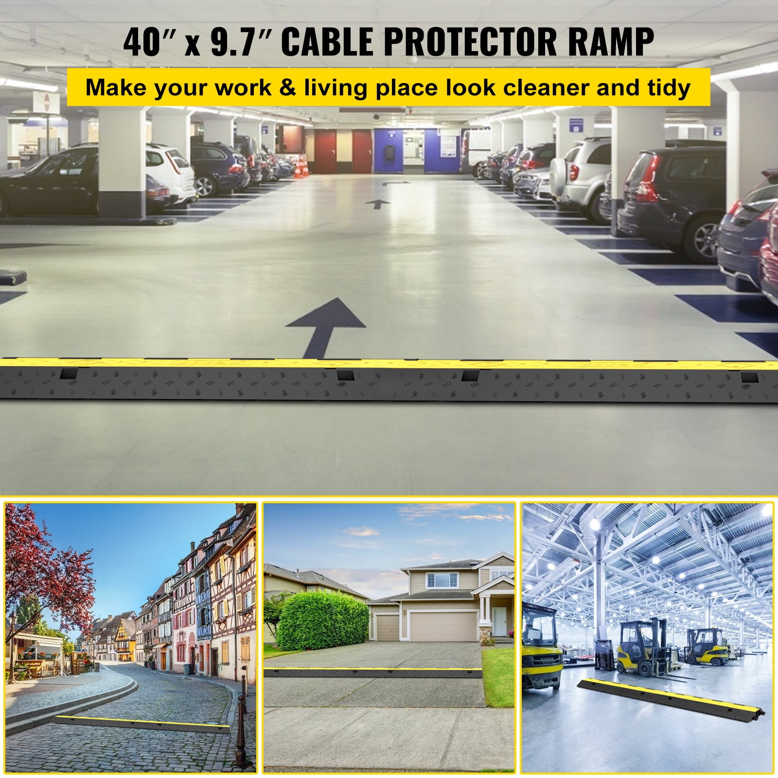 SKYSHALO Cable Protector Ramp, 5 Packs 2 Channels Speed Bump Hump, Rubber Modular Speed Bump Rated 11000 lbs Load Capacity