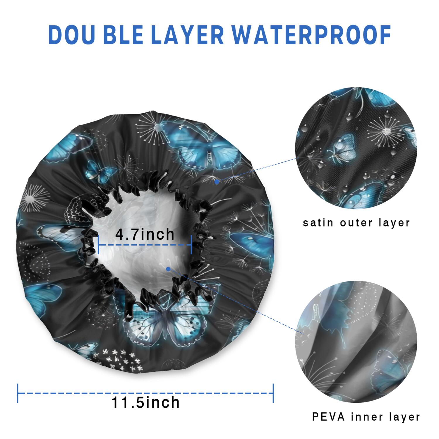 Shower Caps,Black Blue Butterfly Dandelion Pattern Waterproof Shower Cap for Women 4 Pieces,Double Reusable Hair Cover for Shower PEVA Elastic Stretch Hem
