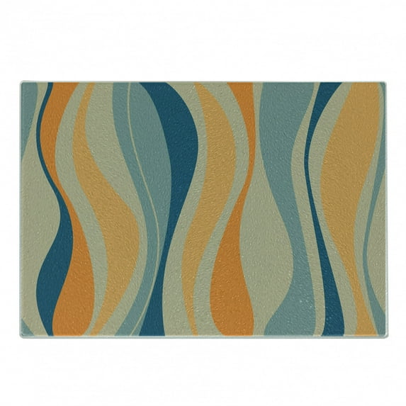 Vintage Cutting Board, Retro Vibrant Stripes Funky Lines Design Patterns Abstract Print, Decorative Tempered Glass Cutting and Serving Board, Small Size, Petrol Blue Marigold, by Ambesonne