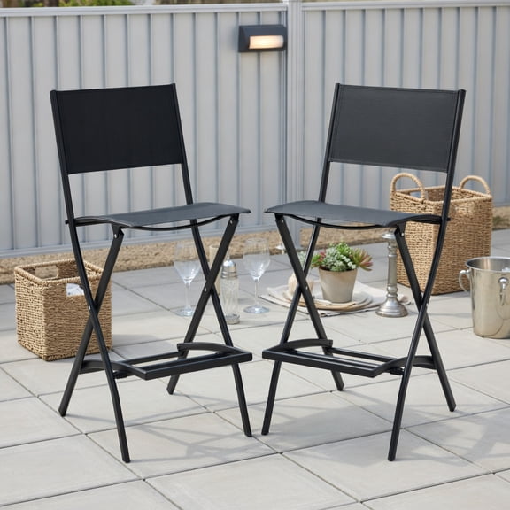 Topcobe Folding Bar Stools Set of 2 Backrest Humanized Footrest, Outdoor Patio Furniture for Garden Backyard Pool Deck-Black