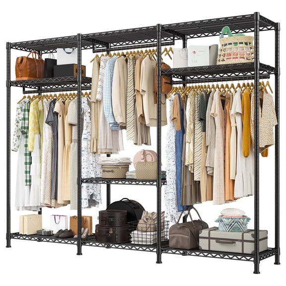 EnHomee Clothing Rack Portable Closet Organizer with 9 Shelves & 3 Rods,Heavy Duty Adjustable Wardrobe Rack 795 LBS Capacity,Black