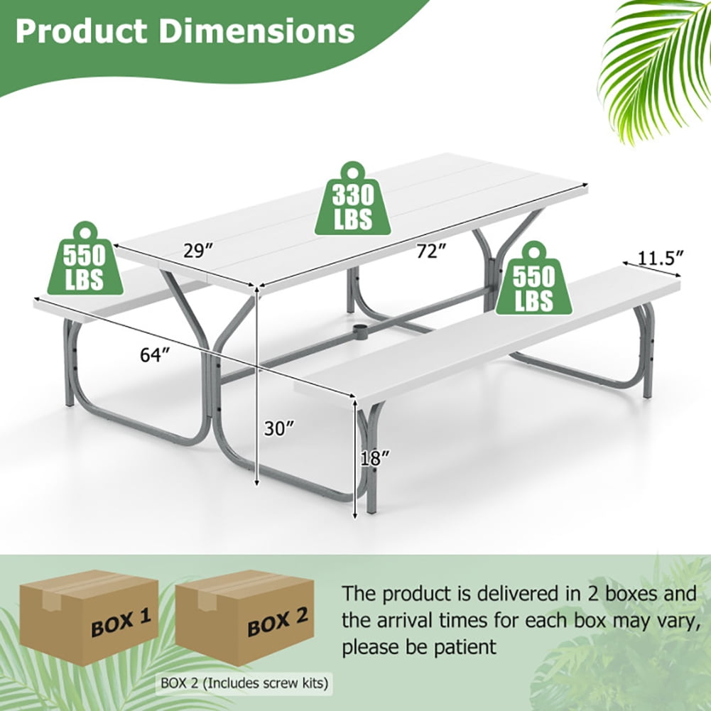 Aimee Lii 6 FT Picnic Table Bench Set Dining Table and 2 Benches with Metal Frame and HDPE Tabletop, Outdoor Patio Furniture, White Aimee Lii 6 FT Picnic Table Bench Set Dining Table and 2 Benches with Metal Frame and HDPE Tabletop, Outdoor Patio Furniture, White