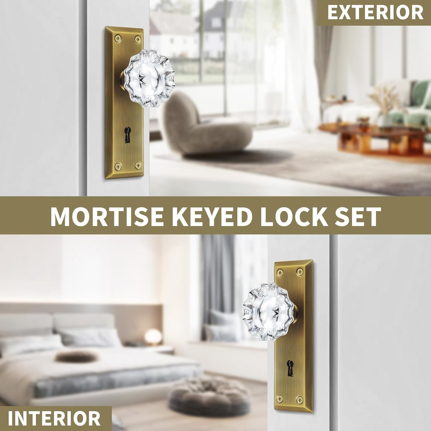 Upgraded Mortise Lock Set for Interior Door, Antique Brass Crystal Glass Door Knobs with Lock and Skeleton Key, Old Style Door Knobs Reversible for Left & Right Handed Door