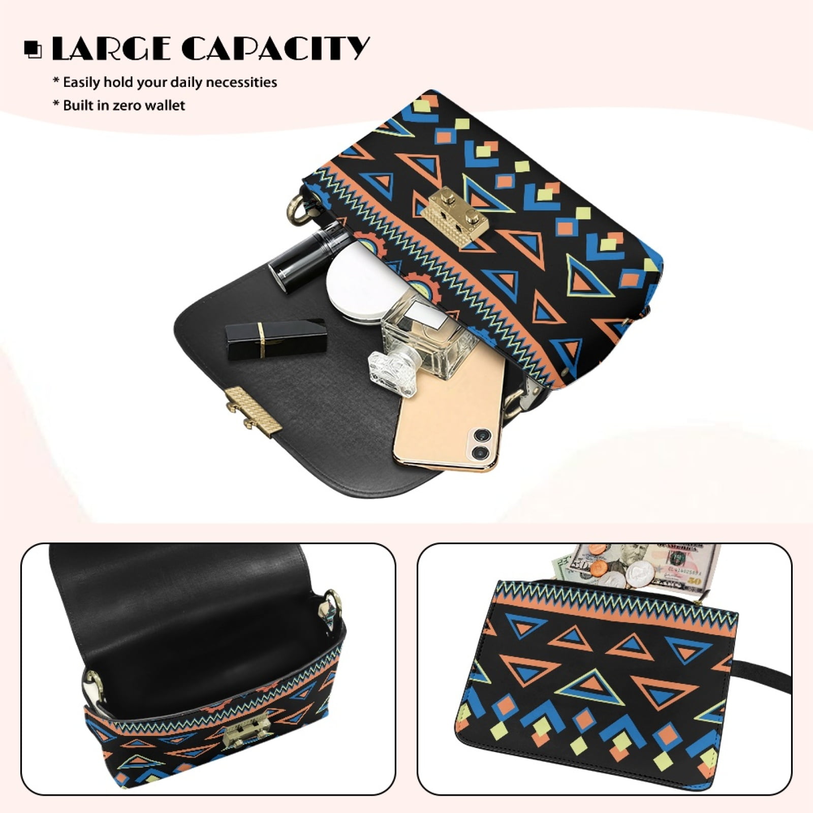 SCRAWLGOD American Tribal Print Black Crossbody Bag Women's PU Leather Purses, Crossbody Handbags Purses, Small Shoulder Handbags with Detachable Chain