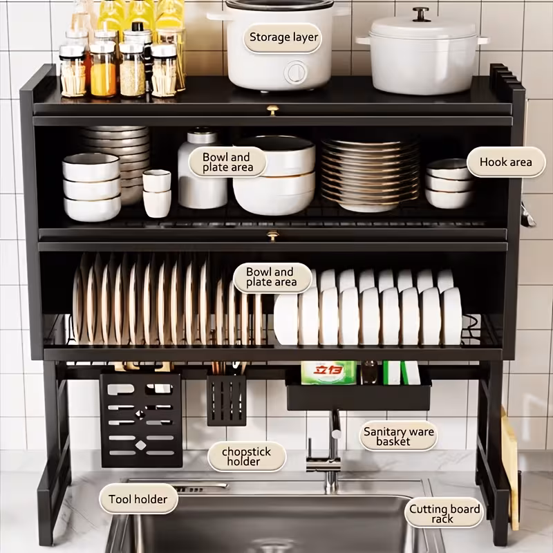33" Double-Tier Kitchen Sink Shelving Unit with Doors, Dust-Proof Drainage Rack, Multifunctional Storage Cabinet for Dishes, Black