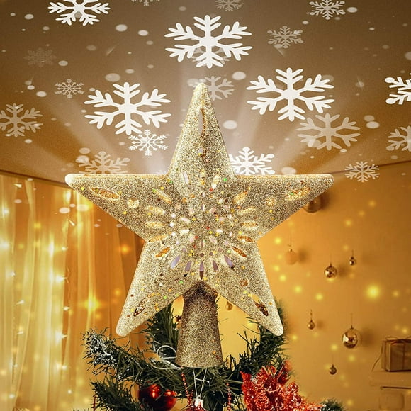 Christmas Star Tree Topper with Built-in Led Snowflake Projector Lights 10 Inch Hollowed Pentagram Tree Topper,Plug in Christmas Tree Ornament for Indoor Office Xmas New Year Holiday Tree Decor