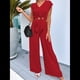 thumbnail image 5 of Conjuntos de Dos Piezas de Verano para Mujer 2025, Top Corto con Cinturón, Mangas y Cuello en V, Pantalones Anchos, Chándal Informal. Rojo XXL, 5 of 7